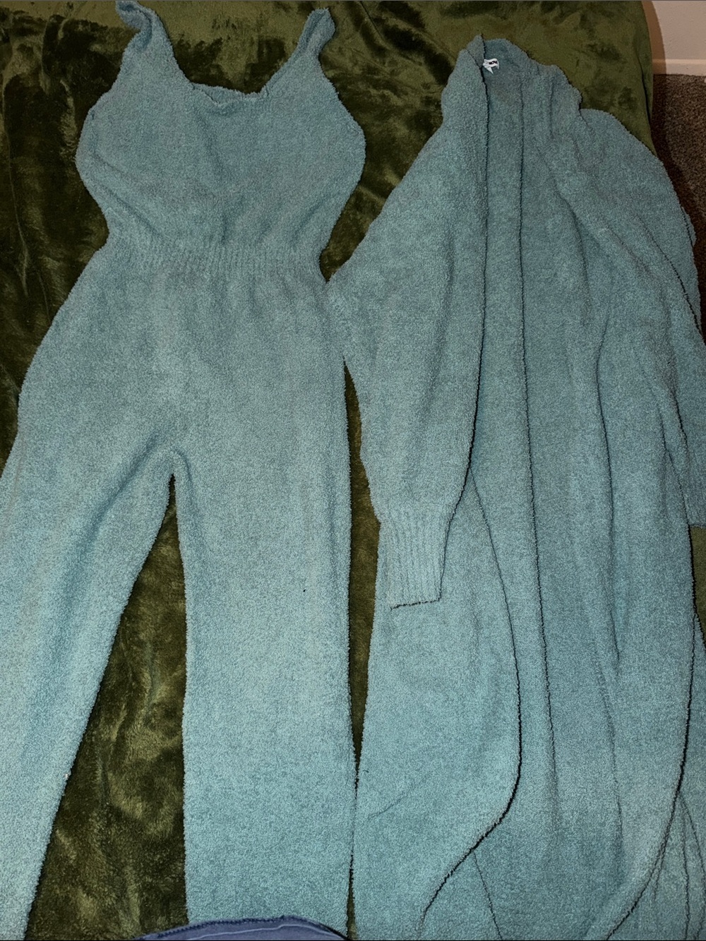 Cozy Teal Fuzzy Knit Jumpsuit + Cardigan Set